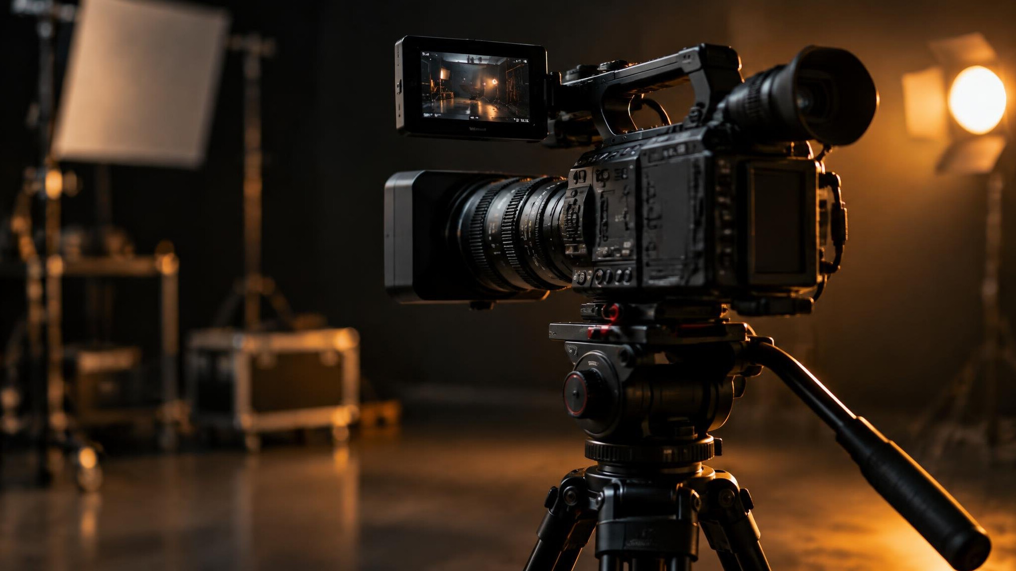 Professional video camera on a tripod in a studio