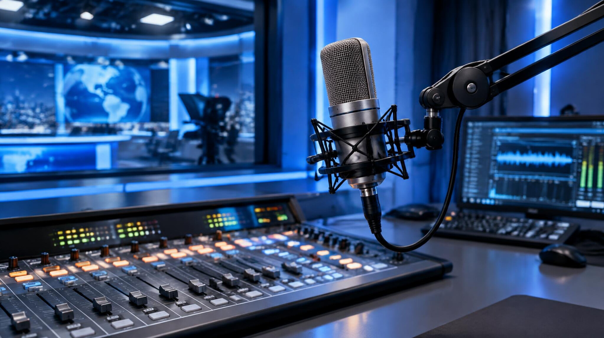 Broadcast studio microphone and mixing desk for a news bulletin