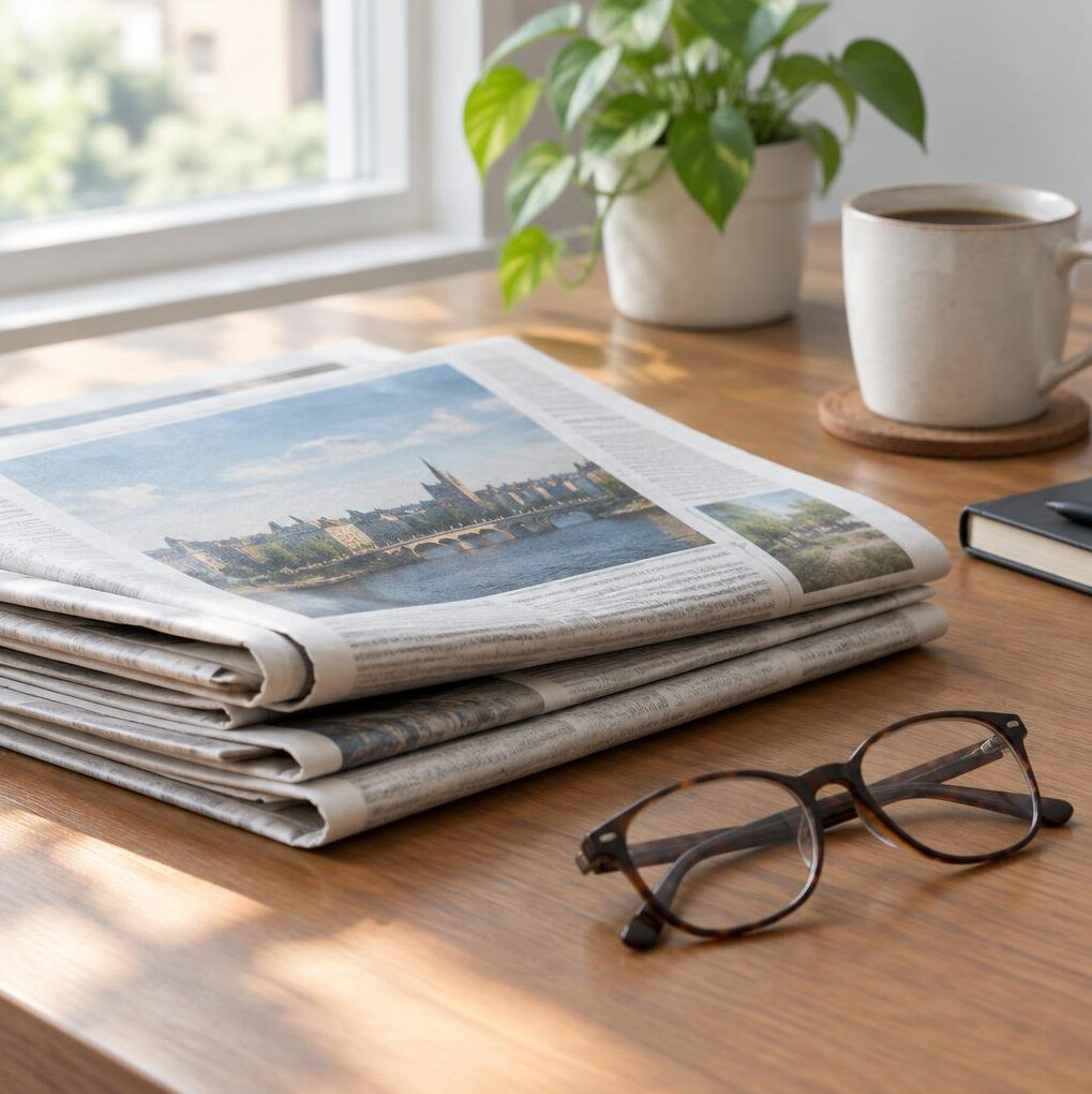 Newspapers folded on a desk