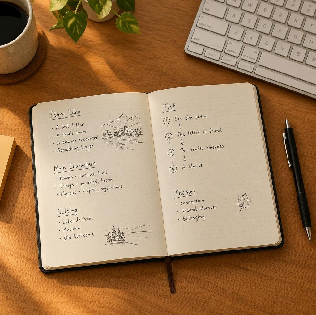 Notebook and pen on a desk for story planning