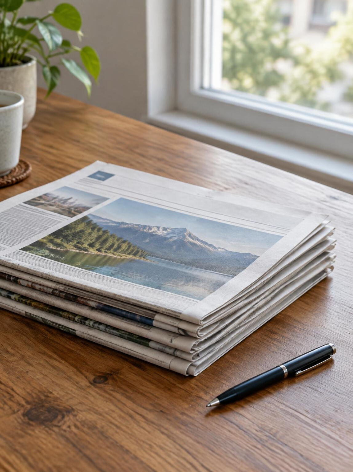 Stack of printed newspapers on a table